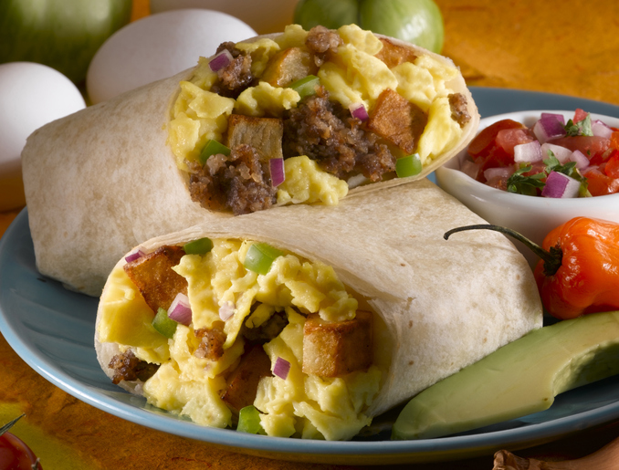 An up-close view of a egg burrito